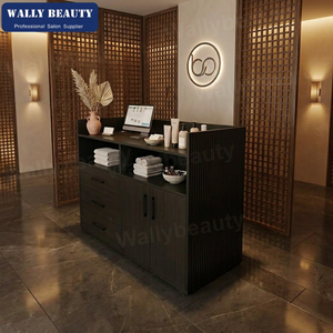 <span class=keywords><strong>Comptoir</strong></span> de réception moderne cannelé pour hall d'hôtel, salon commercial, ou bureau de spa, avec tiroirs, passe-câbles et étagères - Product Image 1