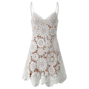 Robe Courte en Tricot Ajustée à Bretelles Fines avec <span class=keywords><strong>Crochet</strong></span> et Fleurs Creuses, Haute Qualité, Sexy et Décontractée pour Femme - Product Image 1