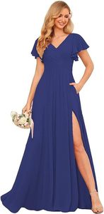 ציפון צוואר ruffes V ruffles שרוול קצר ארוך גב שמלות שושבינה - Product Image 6