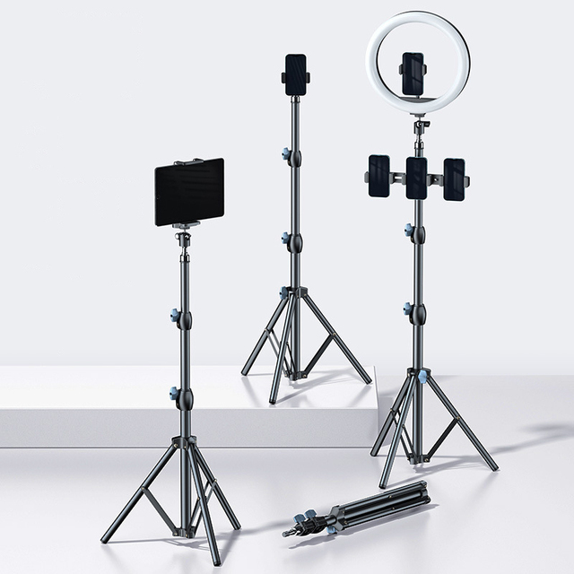 2.1m Lightweight Stable Carbon Steel Tripod Stand for Phone, with Ring Light and Microphone Pole with Storage Bag for Video Live