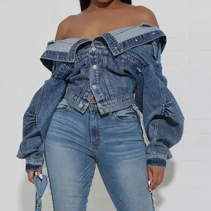 GX3091 Fashion Trending Fall Trench Long Sleeve Denim Jacket Multi-wear Ladies Single Breasted Jeans Irregular Women's Coat