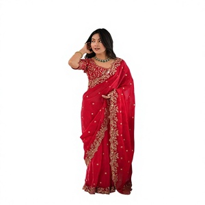 Sari traditionnel indien en soie rouge pour femmes avec broderie dorée, tenue de mariage longue, coupe classique, toutes saisons - Product Image 1