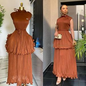 Factory Outlet Miyake plisado Color sólido cuello con volantes de talla grande hasta el tobillo vestido de mujer para verano para ropa formal - Product Image 1