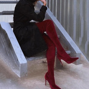 Latest Soft Solid Color Pointed Toe Big Size 43 Half-side Zip Women Sexy Long Thigh High Boots Big Size Women <b>Shoes</b> Wholesale - Product Image 2