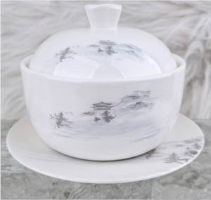 Service de table en porcelaine fine 45% à motif paysage en tuile de cendre, avec bordure dorée à la main en relief, pour hôtels et banquets de mariage - Product Image 4