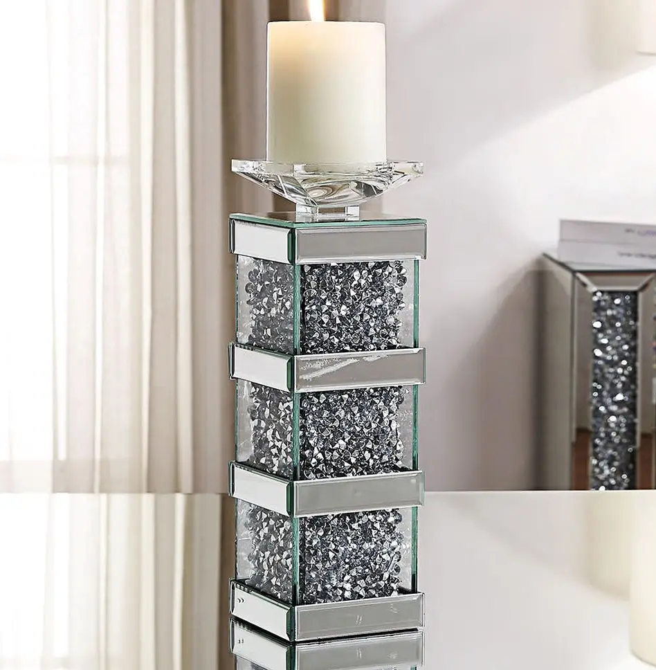 Luxury Home Decor Crushed Diamond Glass Silver Mirrored Candle Holder