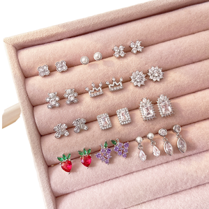 Minimalist Women's Earrings Gift Set Elegant Bear Clover Ribbon Cherry Zircon Flower Ear Jewelry 925 <b>Silver</b> Rhodium Plated <b>Studs</b> - Product Image 1