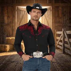 Camisa Vaquera Occidental para Hombre, Manga Larga, Bordado Floral, Cuello Camisero, Estilo Casual Country - Product Image 3