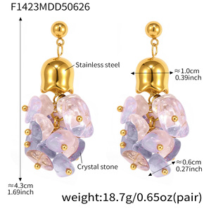 Boucles d'oreilles rétro françaises en acier inoxydable plaqué or 18 carats, motif muguet, avec pierre de cristal naturelle et pampille florale, bijoux pour femme - Product Image 5