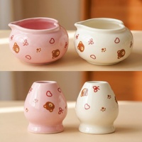 Ensemble de thé japonais en céramique rose, motif dessin animé mignon, tendance, décoratif, sûr pour les aliments (FDA), vente en gros, ensemble de bols à matcha, ensemble de tasses à thé girly
