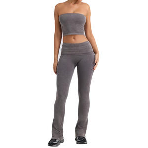 Leggings de Yoga Personalizados de Cintura Alta, Acanalados, Elásticos en Cuatro Direcciones, que Absorben la Humedad, Ajuste Delgado, Color Carbón con Acabado Sandwashed, Pantalones Acampanados Plegables - Product Image 2