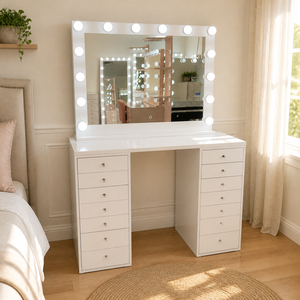 Juego de tocador blanco al por mayor con espejo LED, tiradores de cristal y unidades laterales con tapa de cristal para tienda de <span class=keywords><strong>muebles</strong></span> - Product Image 6