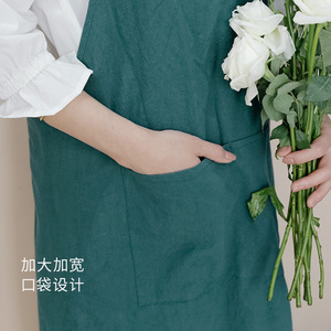 Japanese Korean Style Cotton Linen Apron Solid Color Wide Shoulder Straps Stain Resistant Washable For Women <b>Kitchen</b> Home Use - Product Image 4