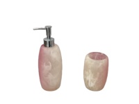 Ensemble d'accessoires de salle de bain en polyrésine à motif marbre onyx rose dégradé, comprenant un distributeur de savon liquide, un porte-brosse à dents et un gobelet, pour la vanité et le bain