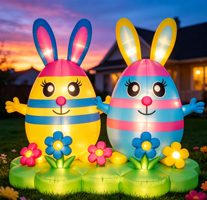 Venta al por mayor de huevos de Pascua inflables coloridos con conejitos y flores en la base para decoración de jardín, patio, porche y festividades al aire libre. - Product Image 4