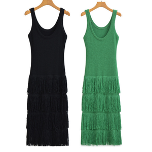 High Quality Summer Sleeveless Tank Top Solid Color Hem Tassel Knitted halter <strong>Dress</strong> - Product Image 1