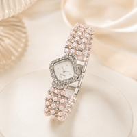 Montre-bracelet vintage rose avec perles et strass pour femme, montre à quartz, cadran carré, montre de mode pour femme