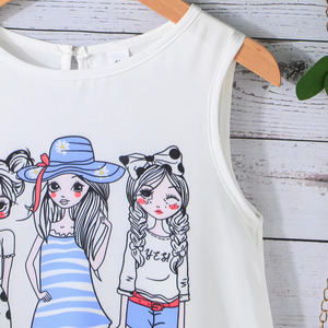 ชุดเสื้อผ้าเด็กผู้หญิงสองชิ้นแบบลำลอง สำหรับเด็กอายุ 3-7 ปี เสื้อแขนกุดผ้าฝ้ายกับกางเกงยีนส์ขาสั้นลายพิมพ์ สำหรับเด็กที่รักแฟชั่น - Product Image 4