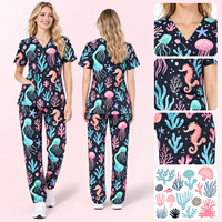 Ensemble de blouses médicales personnalisées à imprimé dessin animé OEM ODM, motif animal, col en V, manches courtes, uniforme d'infirmière, tenue de travail hospitalière unisexe