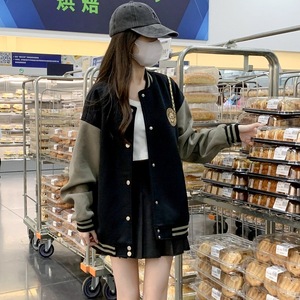 Women's Black Khaki Baseball Jacket Medium Thickness Woven Casual Loose College Style Spring Autumn Coat - Product Image 3