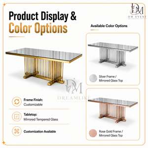 Mesa de Comedor de Acero Inoxidable Dorado Premium con Cristal Espejado y Base de Pedestal Lineal para Proyectos de Banquetes en Hoteles - Product Image 5