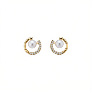 Boucles d'oreilles clous E3275 en perles dorées avec diamants ronds taille brillant sertis pavé, design géométrique minimaliste pour femme - Product Image 1