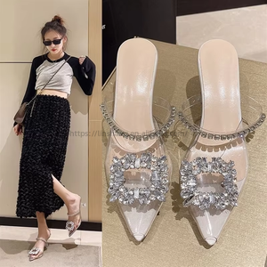 Baotou Women's Half Summer Rhinestone High Heels Sandals Crystal Stiletto Shoes With <b>Cushioning</b> Mesh Sexy Slides Mules - Product Image 2