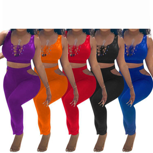 2024 Summer Lace up Tank Top and High Waist Tight Pants Solid Color Crop Top 2 Piece <strong>Legging</strong> Sets for Women - Product Image 2