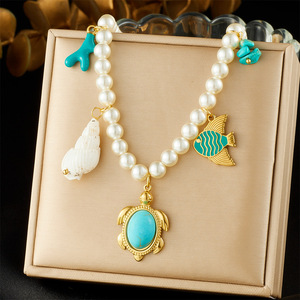 European American Style Ocean Theme Gold Plated Pearl Necklace With Turtle Fish Shell Charms Turquoise Pendant Everyday Wear - Product Image 1