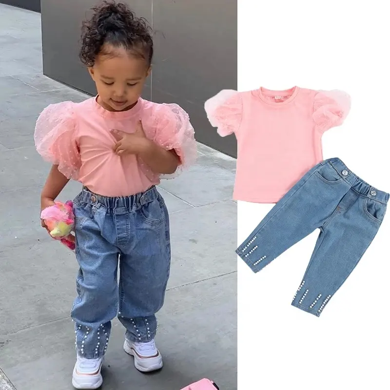 2021 Summer Fashion Kids Girls Clothes Sets Lace Puff Sleeve Solid Pullover T Shirts Tops Pearl Blue Denim Pants Children Wear