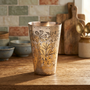 Vaso Punjabi de Latón con Diseño de Flores Doradas, Hecho a Mano, Tradicional, de Alta Calidad, para Decoración del Hogar, Regalo de Navidad NGL-545 - Product Image 3