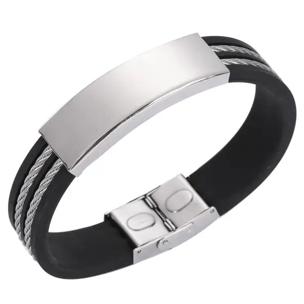 Bracelet en caoutchouc réglable en silicone étanche avec logo personnalisé en gros avec étiquette de gravure en acier inoxydable