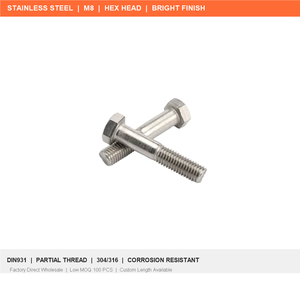 Vis <span class=keywords><strong>à</strong></span> tête hexagonale M8 en acier inoxydable 304, filetage partiel DIN931, finition brillante, pour machines lourdes, vente en gros - Product Image 2