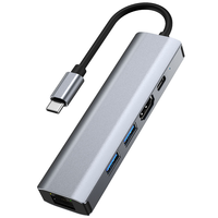 Base de Conexión USB Portátil de 5 Puertos con USB 3.0 + USB 2.0 + HDTV + RJ45 + PD y Adaptador Hub 5 en 1 Tipo-C, Hub USB 3.0 para Laptop