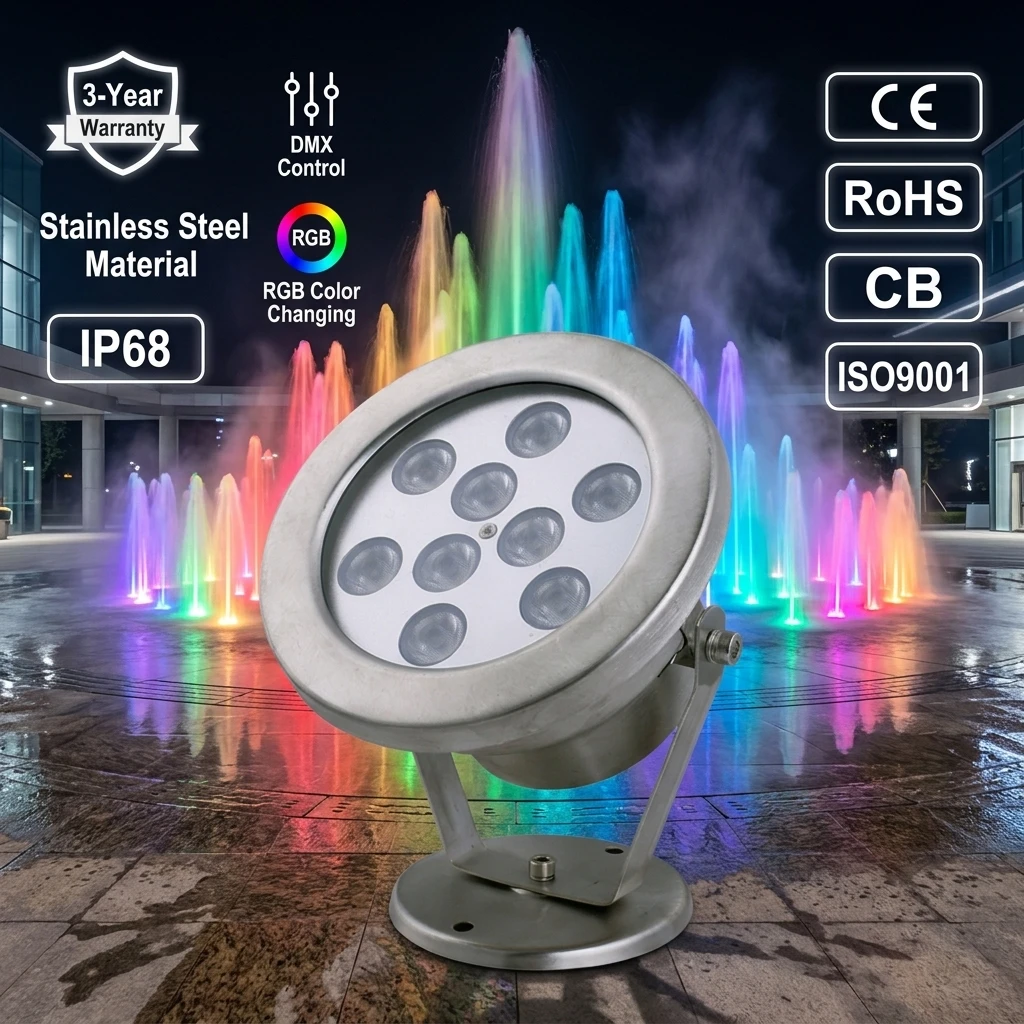 Manufacturer Underwater IP68 Waterproof Stainless Steel Dimmable Fountain Lamp Single Color/RGB Pool Light for Fountain Lighting
