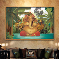 Art mural Ganesha style forêt tropicale d'Asie du Sud-Est, impression numérique grand format sur toile pour fond de canapé de salon
