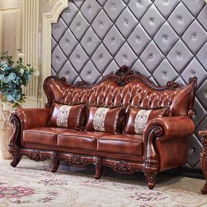 Divano Componibile in Vera Pelle di Lusso Stile Europeo, Intaglio su Due Lati in <span class=keywords><strong>Legno</strong></span> di Quercia Massiccio per <span class=keywords><strong>Soggiorno</strong></span> - Product Image 3