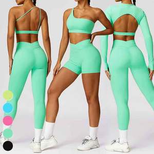 OEM Nuevo Activewear Mujeres Gym Set Un hombro Sujetador deportivo Manga larga Cross V Belt Shorts Leggings 4PCs Yoga Sets Gym Apparel - Product Image 4