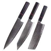 Ensemble de 3 couteaux de cuisine japonais en acier Damas, manche en acier inoxydable avec anneau rouge, acier VG10, couteau de chef Kiritsuke Nakiri, ambidextre, 7-8 pouces