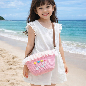 Sac bandoulière en paille tressée avec dentelle pour enfants, petite capacité, fermeture éclair, idéal pour l'été, la plage, les vacances, portable et pour un usage quotidien - Product Image 2