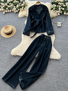 Costume décontracté femmes 2025 automne Style décontracté à la mode col ajusté à manches longues Denim veste taille haute pantalon - Product Image 2