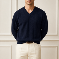 Maßgefertigter OEM Herbst Business Casual Basic 100% Wolle Herren V-Ausschnitt Zopfmuster Strickpullover Einfarbig Strukturiert Langarm Warm Atmungsaktiv