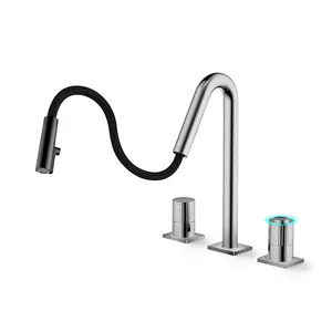 Silah gri güverte monte havza lavabo bataryası dokunun aşağı çekin 2-Handle 3 delik pirinç banyo havzası musluklar