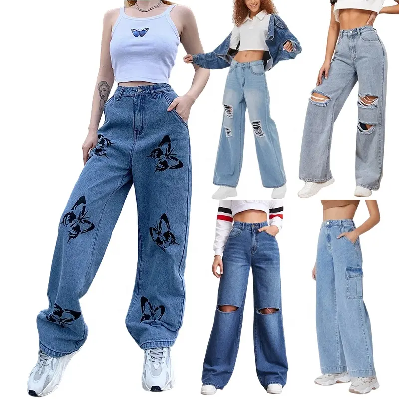 Custom women loose boyfriend denim long trousers ladies trendy baggy ripped stacked straight pants plus size wide leg mom jeans
