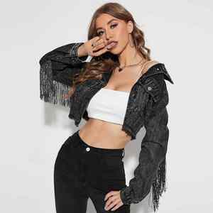 2025 Hot Selling Custom <b>Women</b> Denim <b>Jacket</b> Fashion Tassel Splicing Worn New Short Style <b>Wedding</b> Denim Coat - Product Image 1