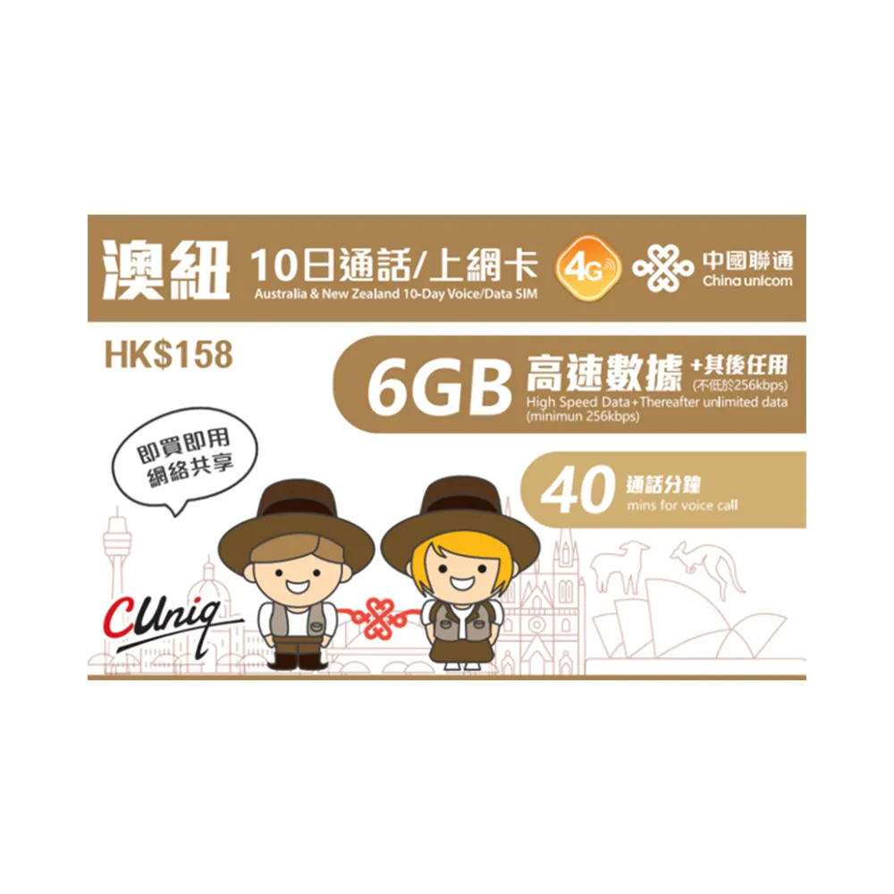 China Unicom Internationale 6Gb Australië En Nieuw Zeeland 10 Dagen Spraak En Data Sim Kaart