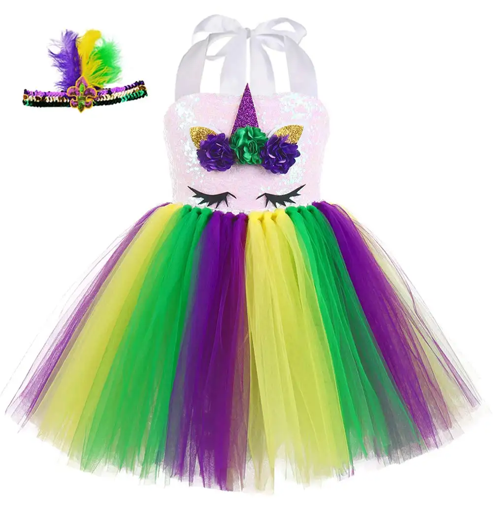 Mardi Gras Dress for Girls with Feather Headband Carnival Birthday Tu Tu Party Cosplay Costumes