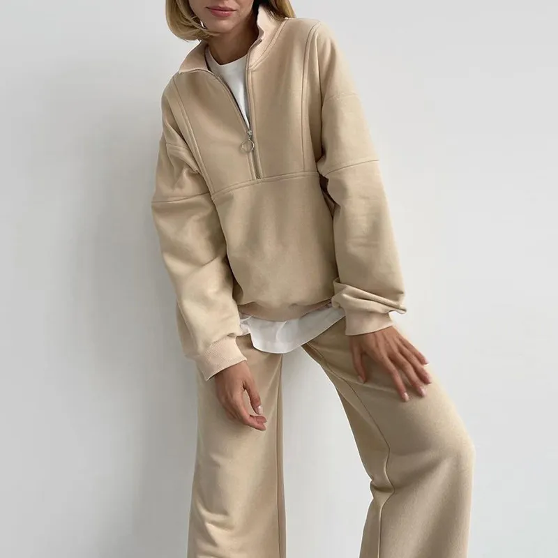 Amazon Hot Sale Fashion Women Half Zipper Stand Collar Fleece Pullover Hoodies Custom Autumn Loose Solid Sweatshirts Street Wear