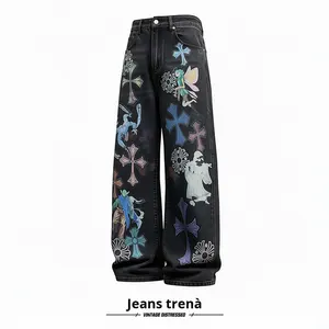 クロムハーツ ファンタジー ナラティブ メンズ デニム ジーンズ 秋 カジュアル ミッドウエスト パッチワーク 織り クイックドライ ワイドレッグ ストレート - Product Image 5