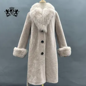 Spring Warm Fashion High Quality Sheep Shearing Long Coat Soft Comfortable Elegant 100% Fox Fur Collar Sheep Shearing Coat